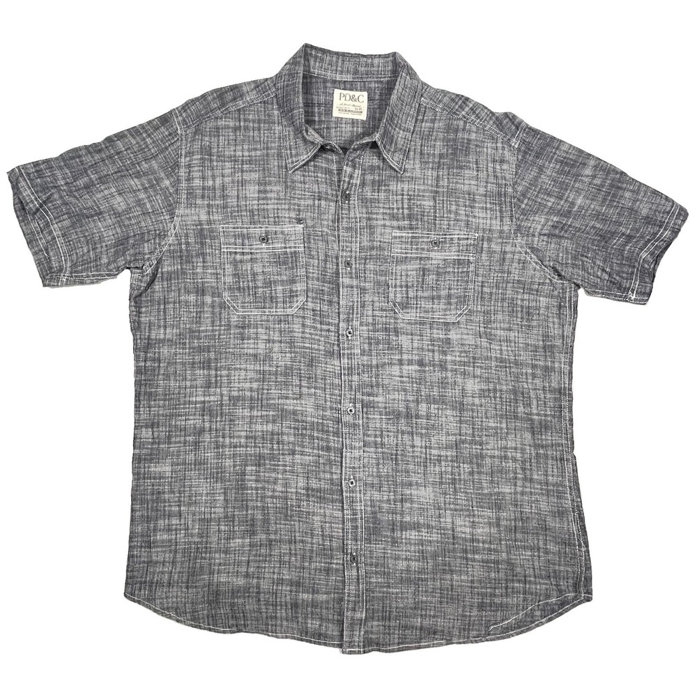 PD&C Men's 2XL Gray Plaid Short Sleeve Button 100% Cotton 2 Chest Pockets Casual